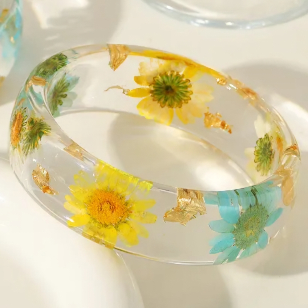 Bracelet Floral Resin Bangle Bracelet - Yellow Blue White - Picture 7 of 14